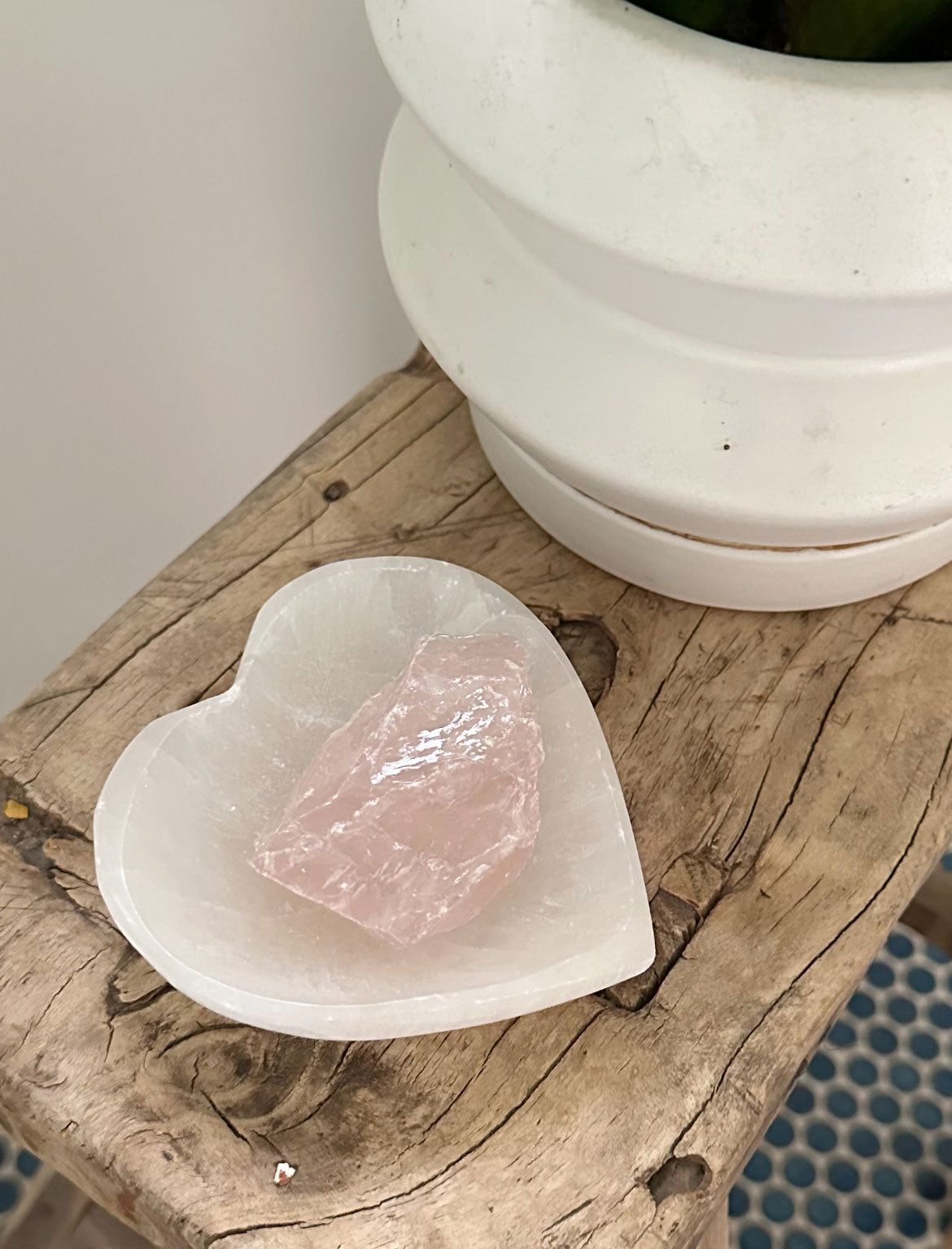Heart Harmony Crystal Set: Selenite Heart Shaped Dish + Raw Rose Quartz