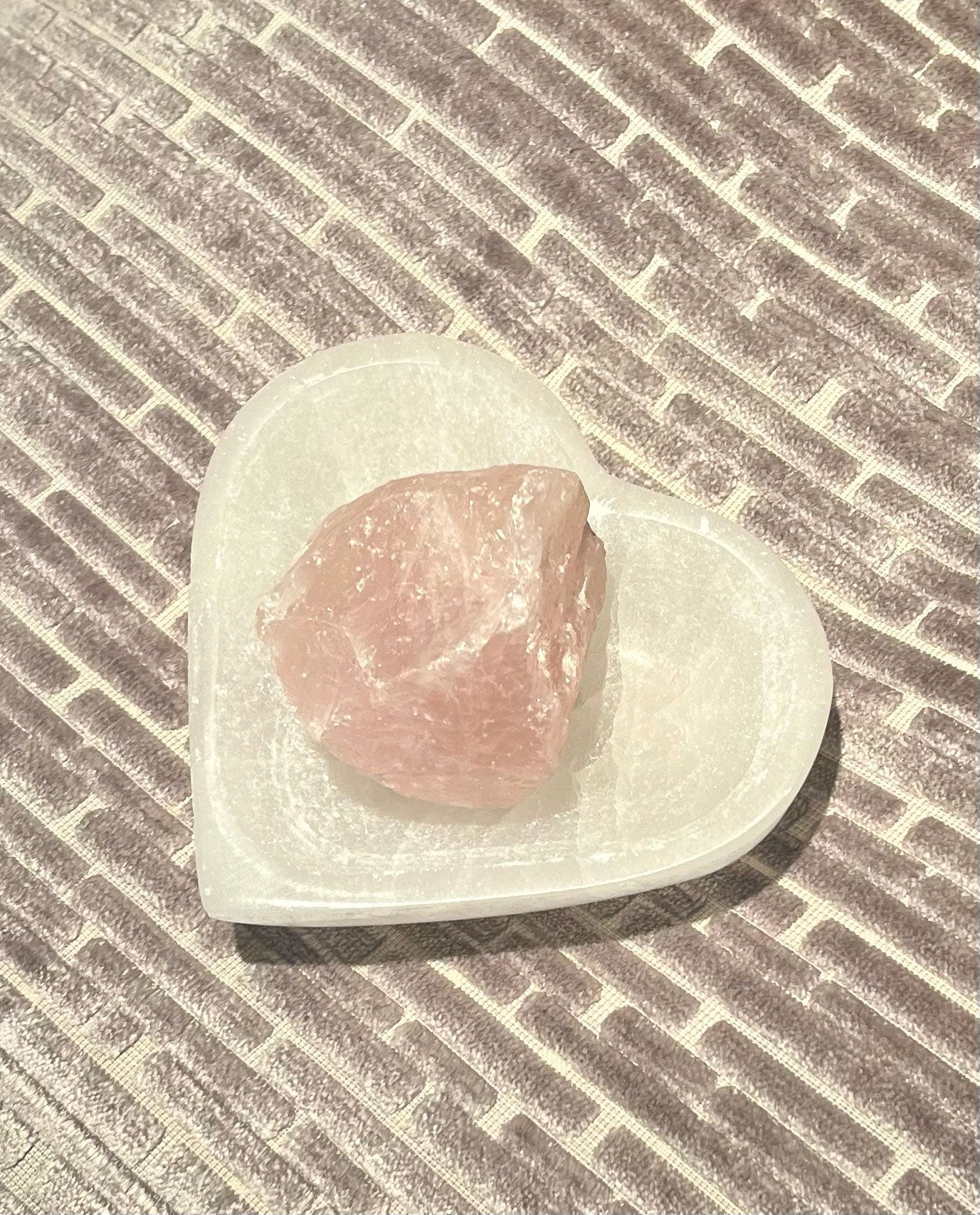 Heart Harmony Crystal Set: Selenite Heart Shaped Dish + Raw Rose Quartz