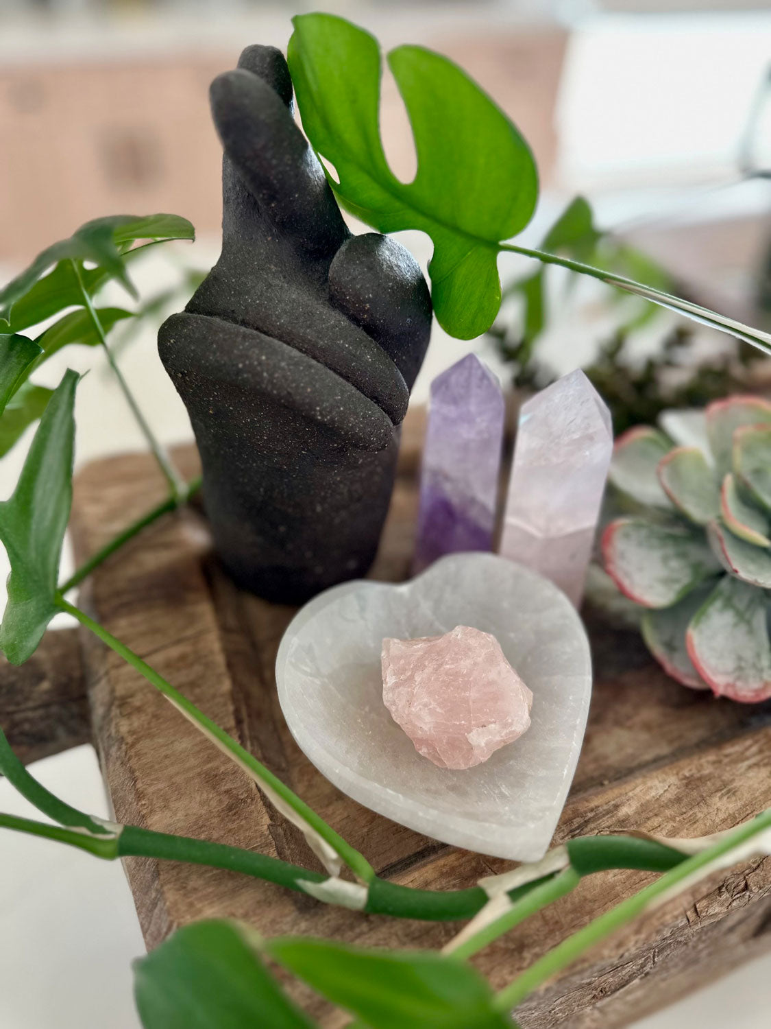 Heart Harmony Crystal Set: Selenite Heart Shaped Dish + Raw Rose Quartz