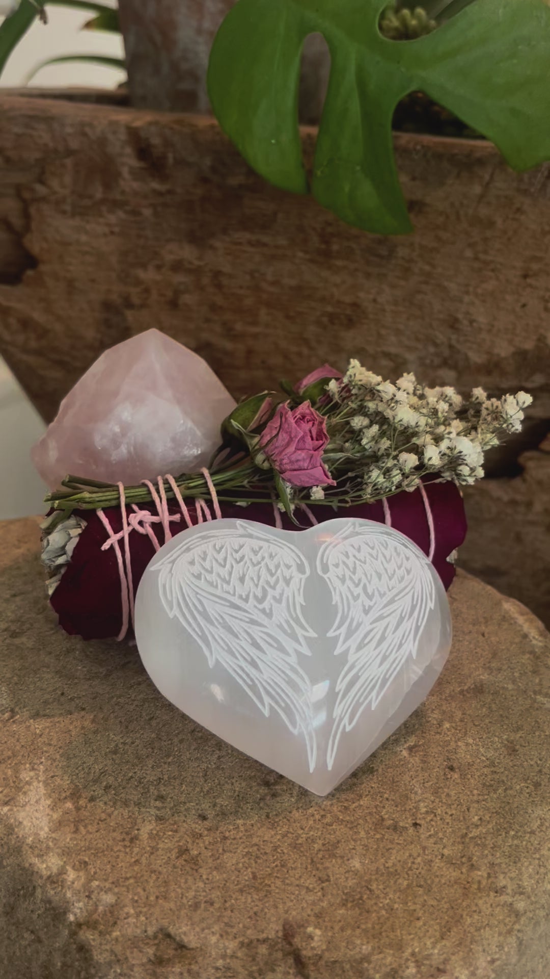 Healing Crystal Set for Grief | Angel Wings | Selenite Heart | Rose Quartz | Floral Sage Bundle