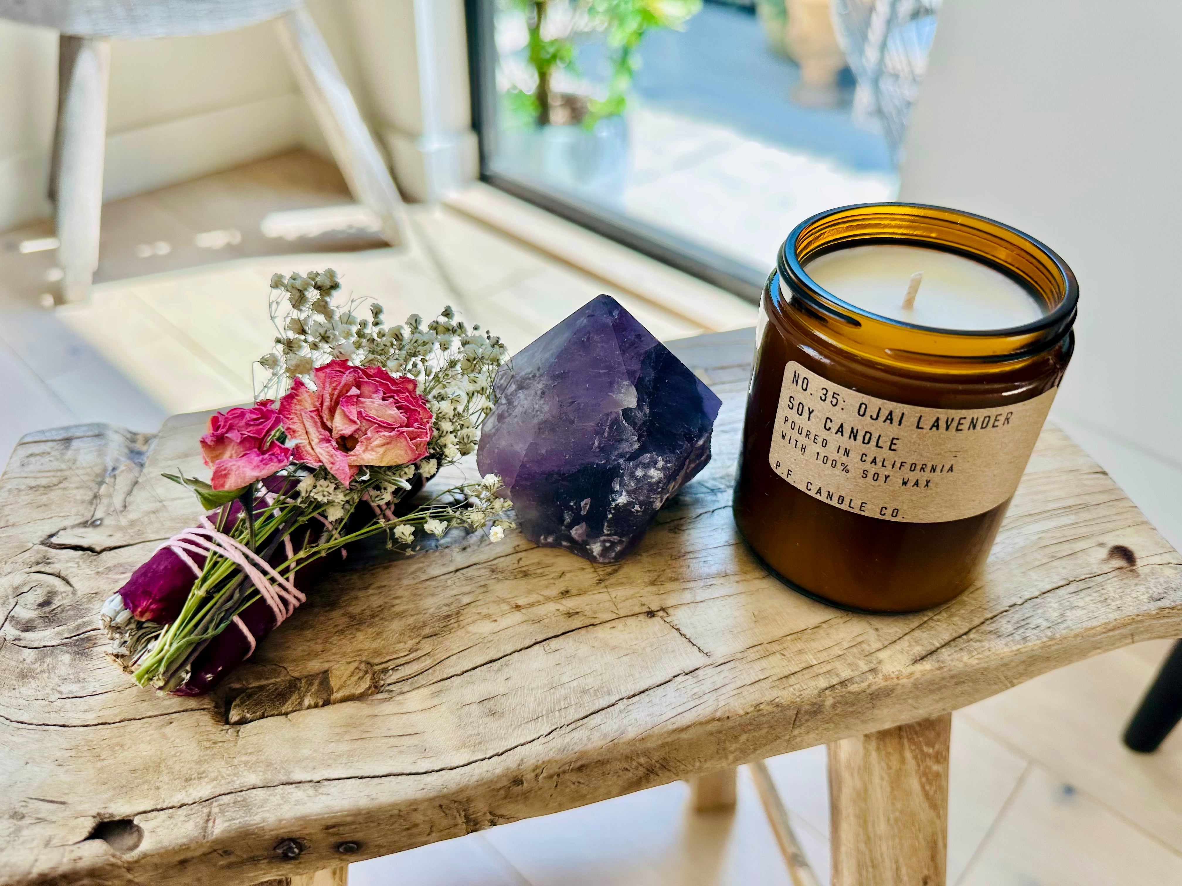 Self-Care Gift Set | Relaxation & Wellness Box | Lavender Candle | Amethyst Crystal | Rose Sage Bundle