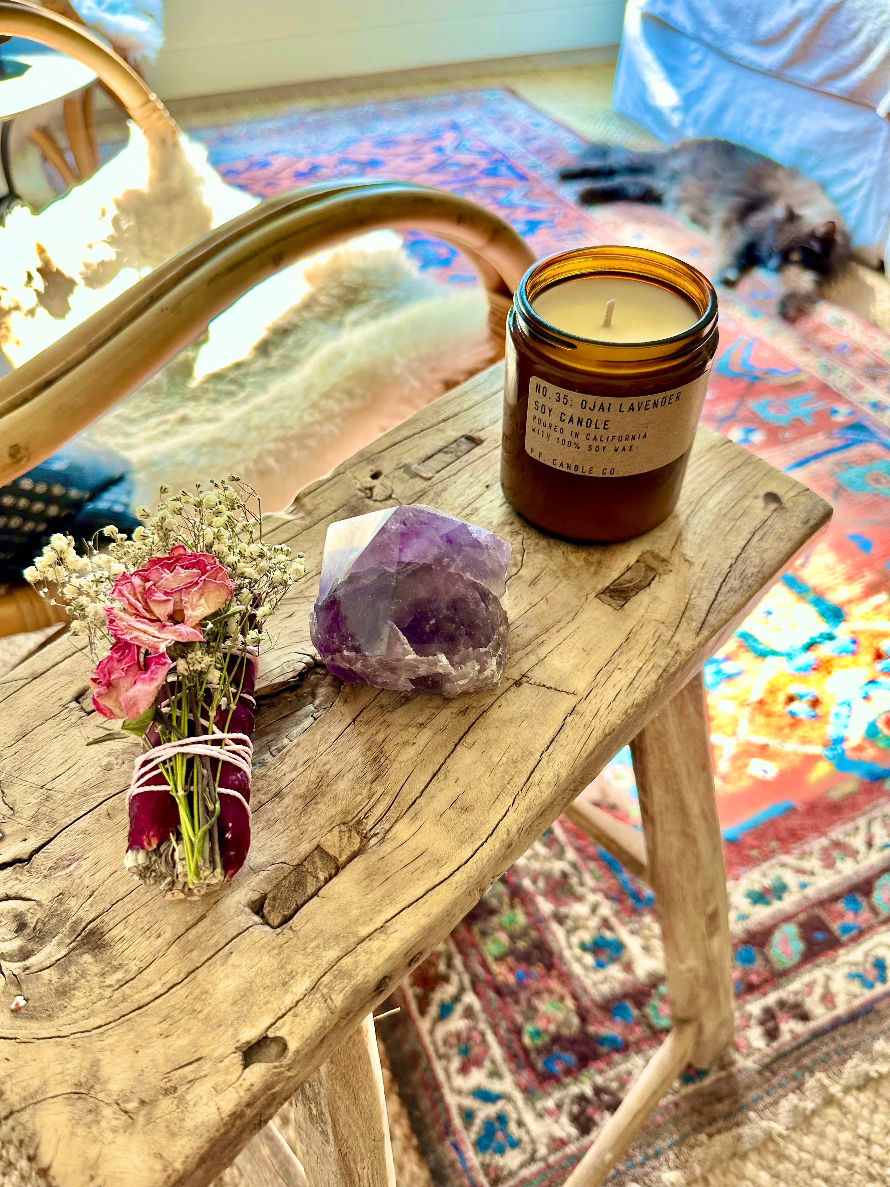 Self-Care Gift Set | Relaxation & Wellness Box | Lavender Candle | Amethyst Crystal | Rose Sage Bundle