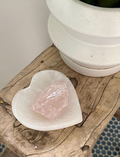 Heart Harmony Crystal Set: Selenite Heart Shaped Dish + Raw Rose Quartz