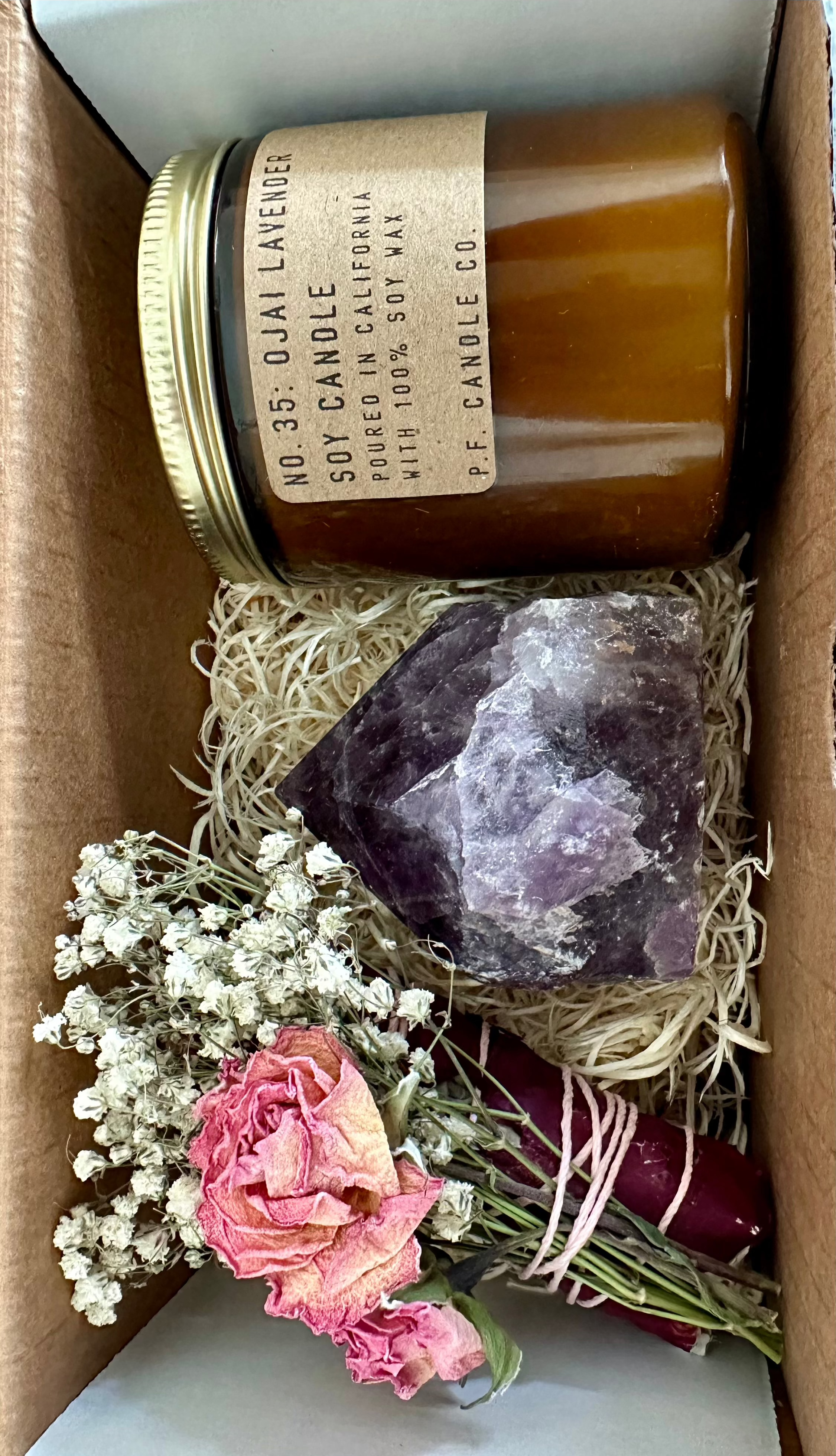 Self-Care Gift Set | Relaxation & Wellness Box | Lavender Candle | Amethyst Crystal | Rose Sage Bundle