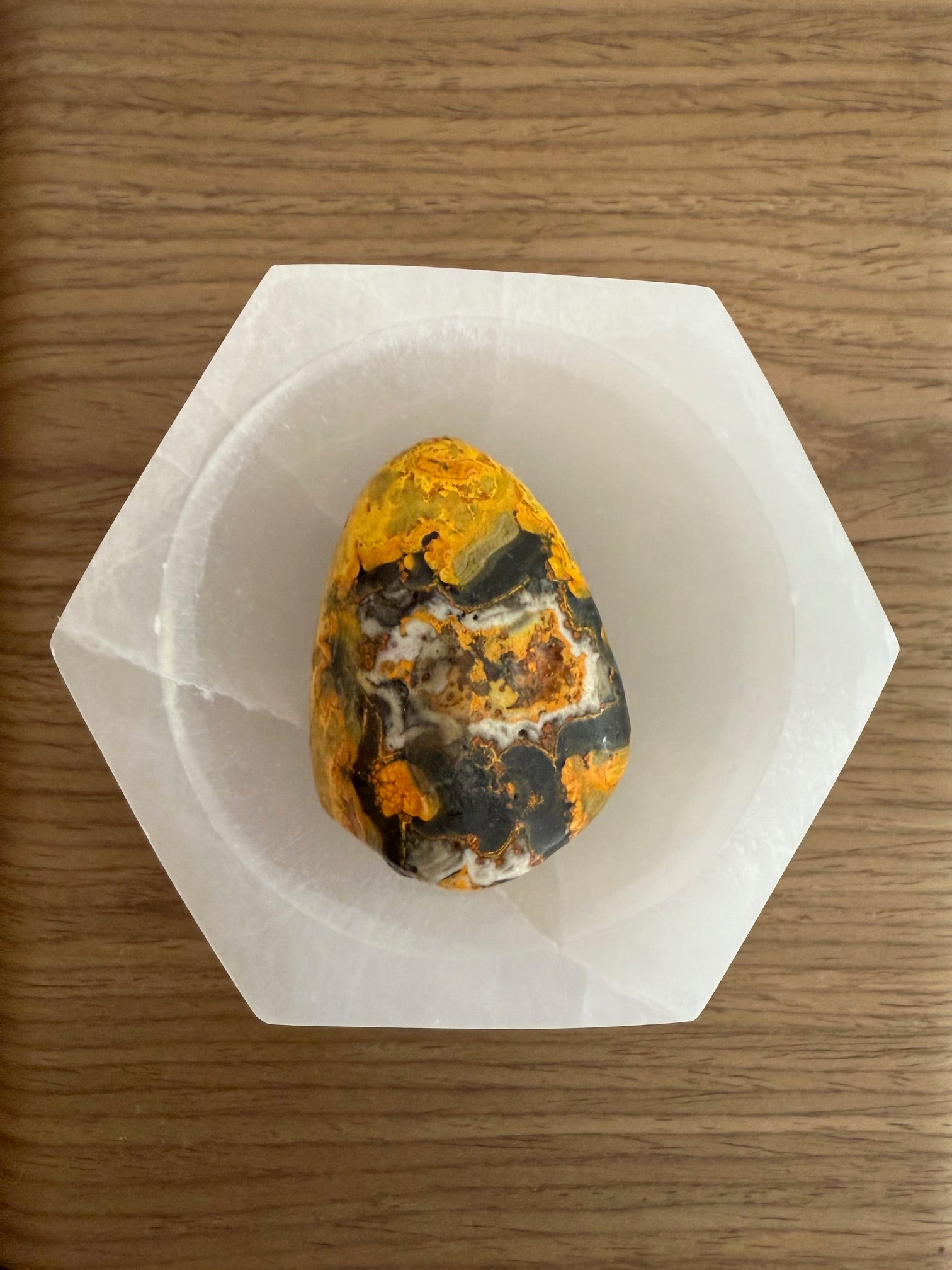 Hexagon Selenite Bowl | Bumble Bee Jasper Tumbled Stone (4" Bowl + 2" Stone)