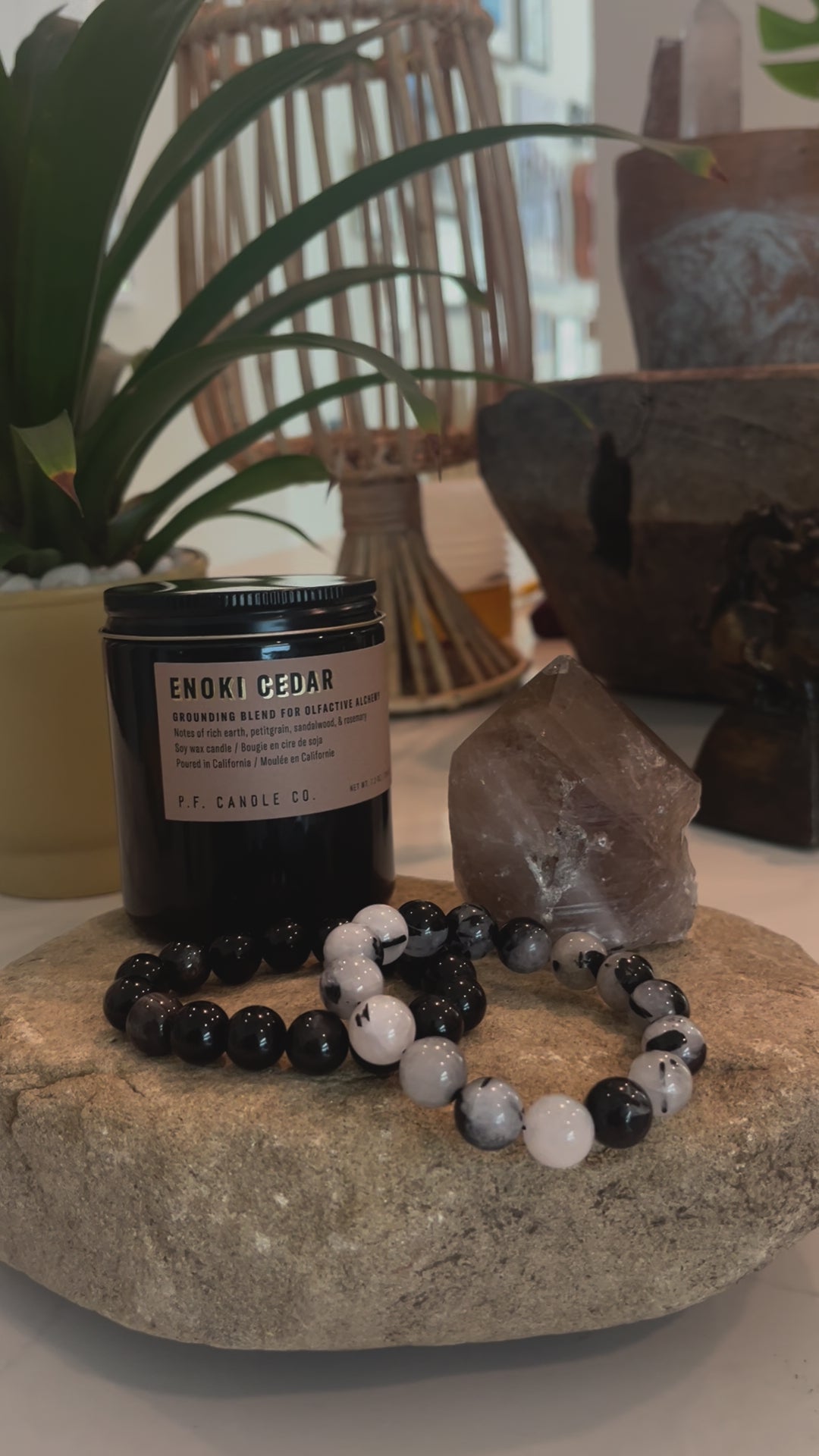 Smoky Quartz Crystal + Crystal Bracelet + Scented Candle | Root Chakra Grounding